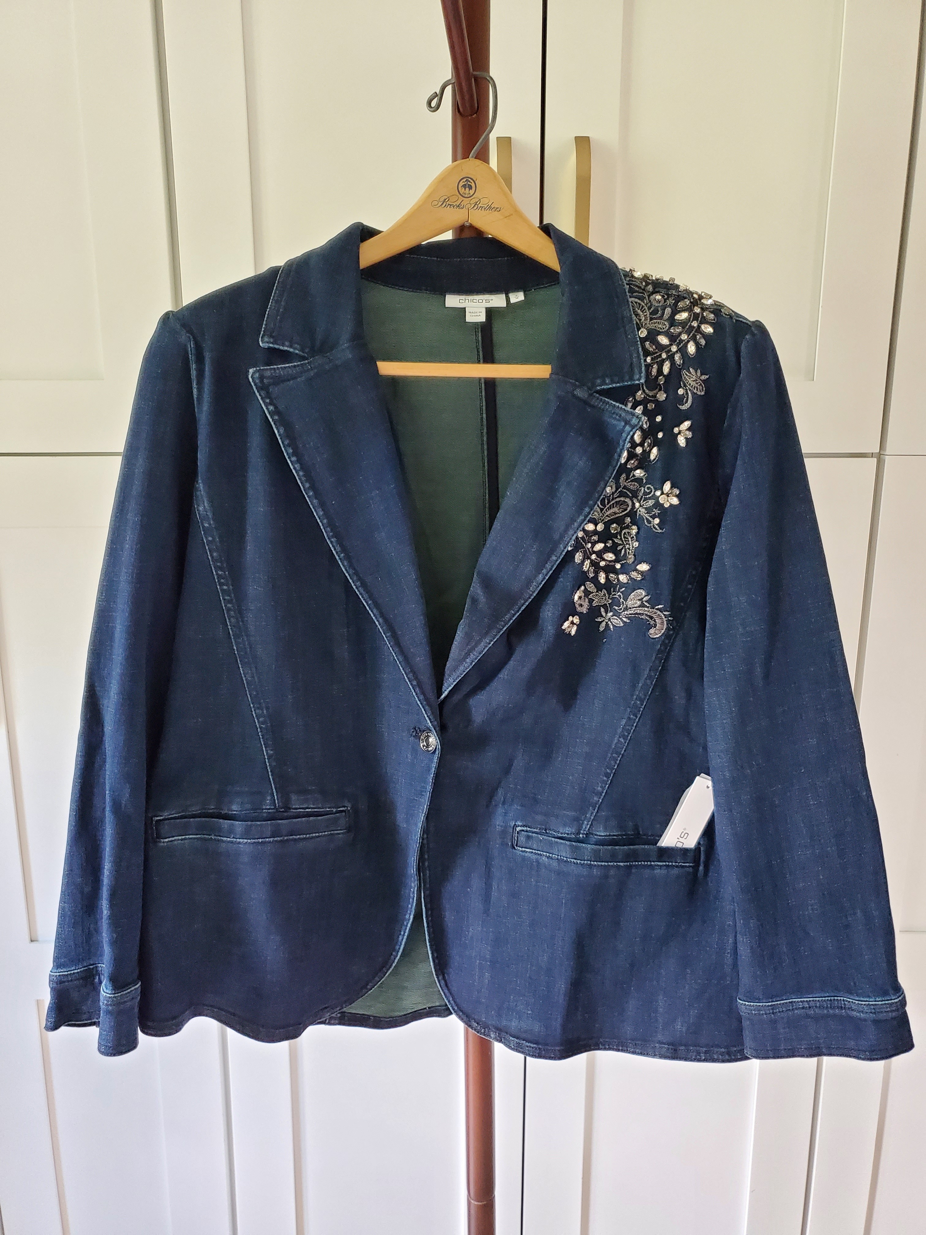 Chico's Navy Denim Embroidered Blazer